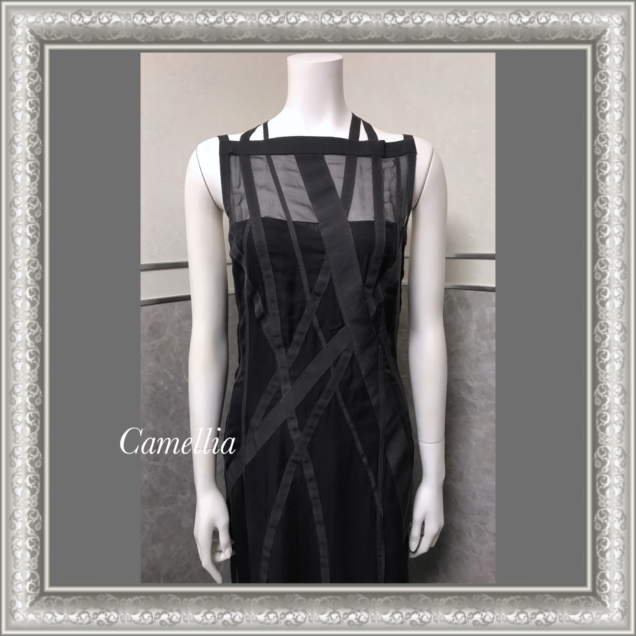 美品 シャネル 高級 シルク ロング ドレス ワンピース 40 ダークグレー ストーンアクセサリー 02A フォーマル | CHANEL